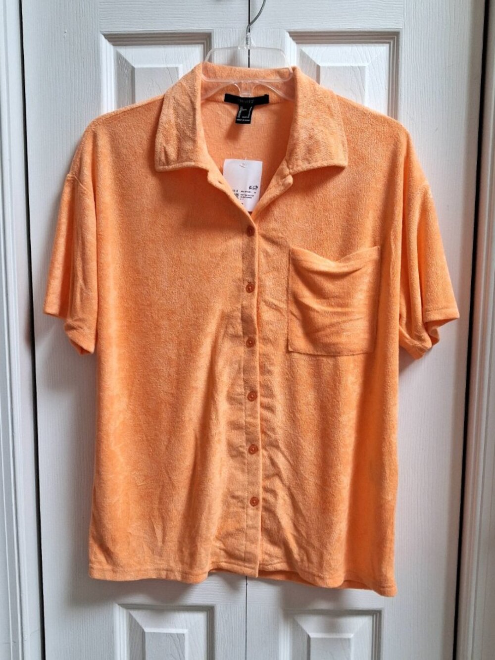 NWT FOREVER 21 Orange Terry Button Down Short Sleeve Shirt sz S